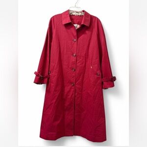 DAKS Vtg red a-line trench coat,  buckle detail at cuff, slit at back hem
